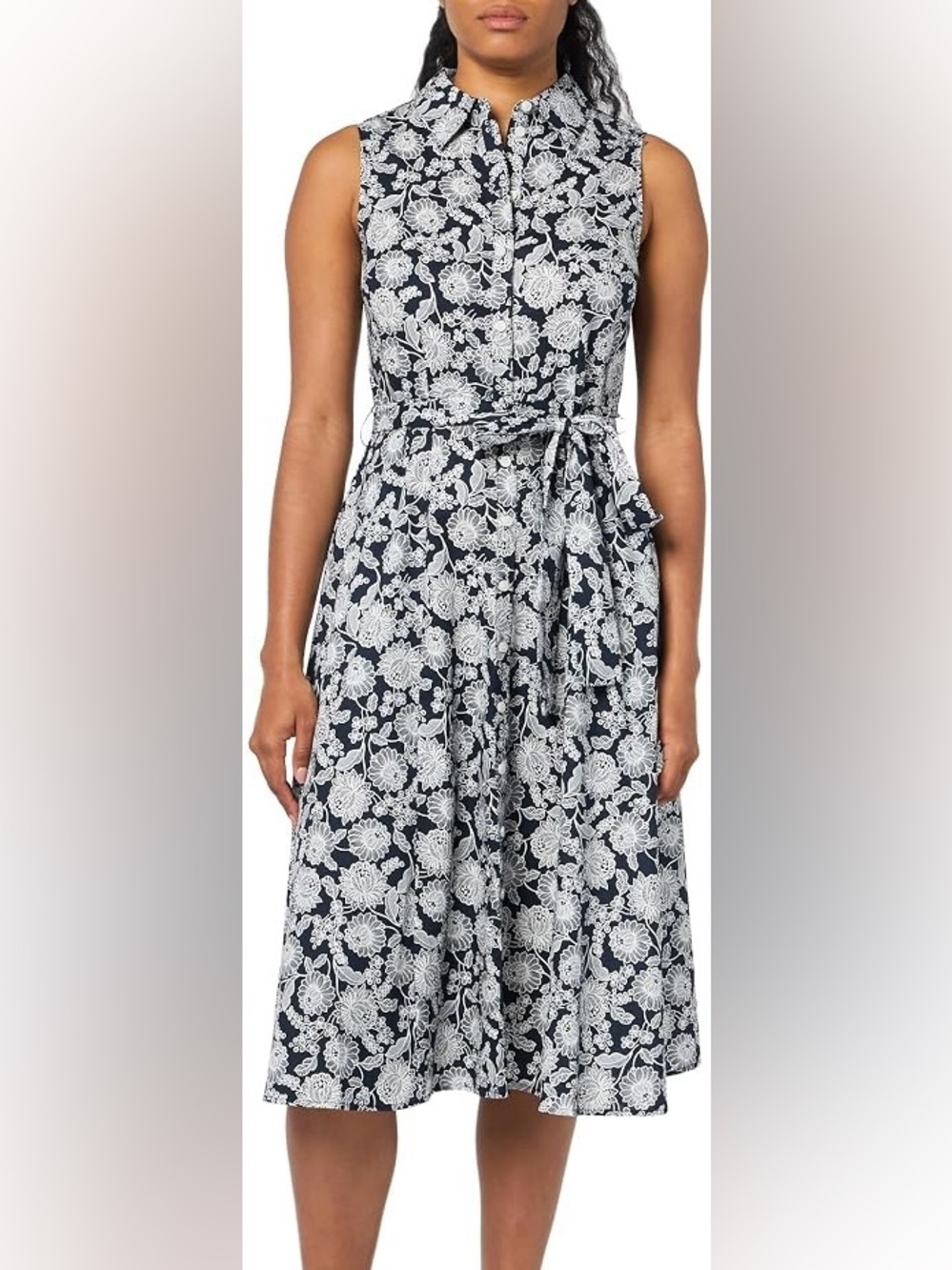 Tommy Hilfiger Navy and White Floral Shirtwaist Midi Dress